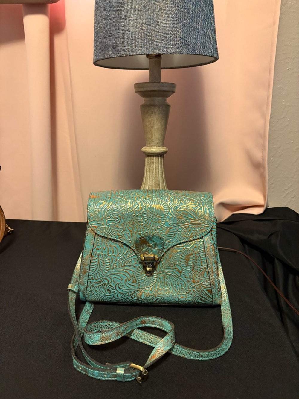 Patricia Nash Turquoise and gold Embossed Leather Crossbody Bag - Picture 9 of 11
